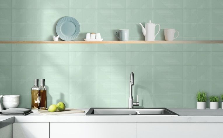 moss green ceramic tile backsplash